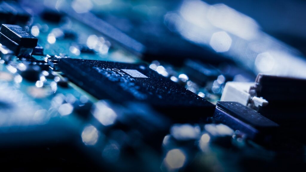 computer motherboard with blue and silver accents