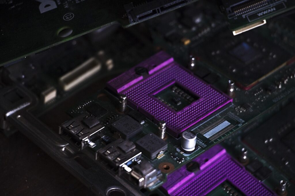 motherboard with cpu slot and purple background